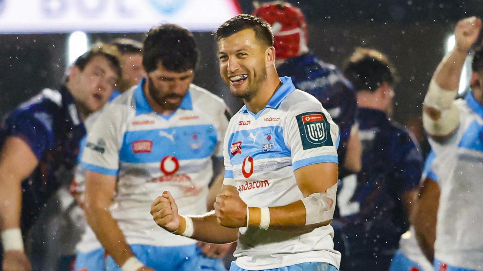Bulls' Handre Pollard celebrates at full time during a United Rugby Championship match between Edinburgh and Vodacom Bulls at the Hive Stadium