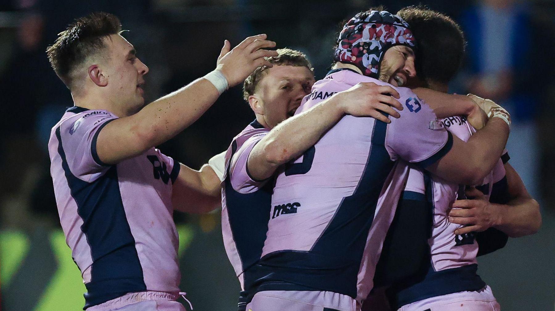 Cardiff players celebrate a try against Racing 92