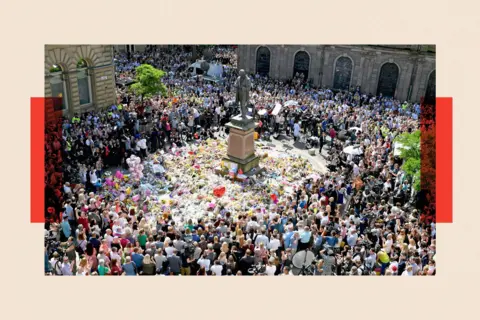 Getty Images Members of the public observe a national minute's silence in remembrance of all those who lost their lives in the Manchester Arena attack, on May 25, 2017. A large crowd can be seen gathered around flowers placed in front of a statue