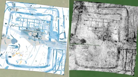 TerraDat Geophysics An interpretative sketch of the team's findings alongside the ground penetrating radar scan. The villa's individual rooms and corridors are clearly visible