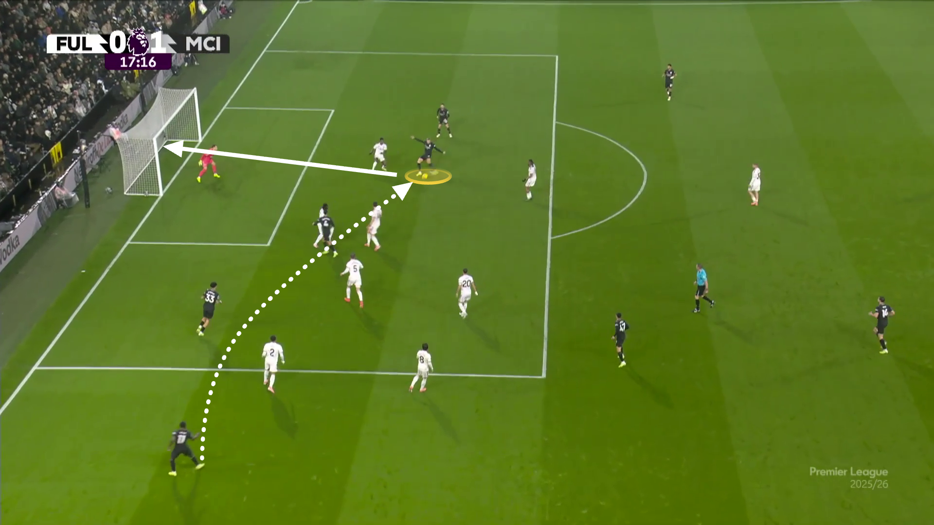 Screengrab of Doku's cut-back assist to Haaland against Fulham earlier this season