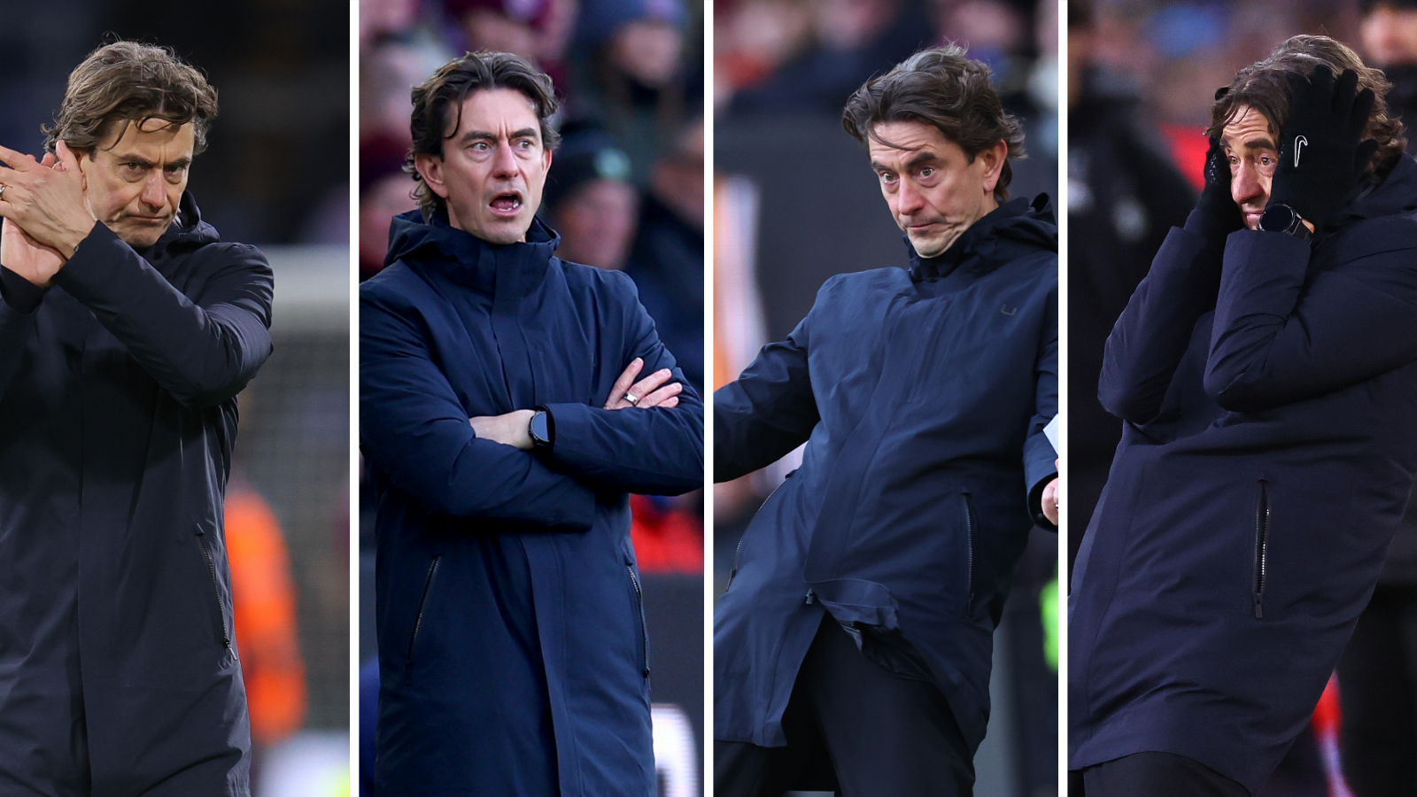 A split image showing four pictures of Thomas Frank reacting during Tottenham's Premier League game at Burnley