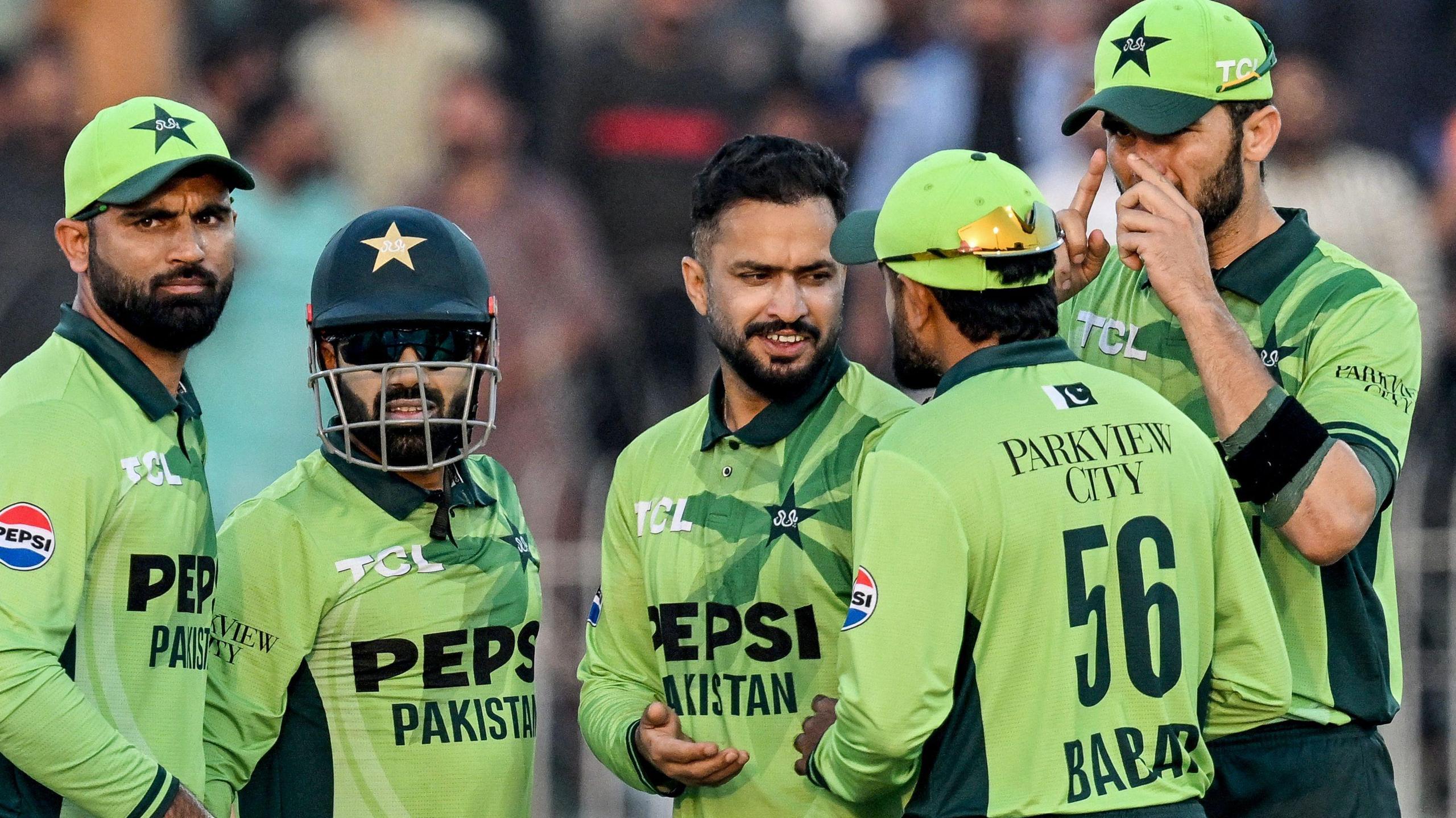 Pakistan's players celebrate taking a wicket against South Africa during a one-day international in November 2025