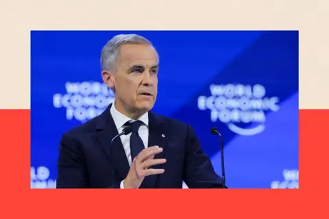 Reuters Canadian PM, Mark Carney, wearing a dark suit and blue tie, stands at a microphone in front of a blue backdrop bearing the words World Economic Forum.