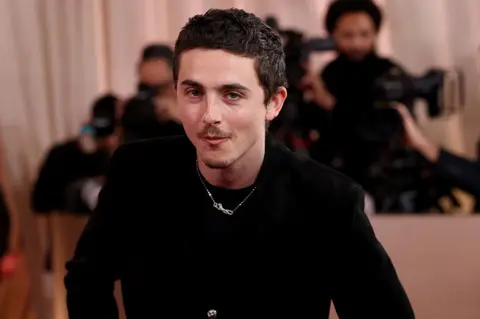 Getty Images Timothee Chalamet wears a black ensemble as he poses on the red carpet for the 83rd Golden Globe Awards.