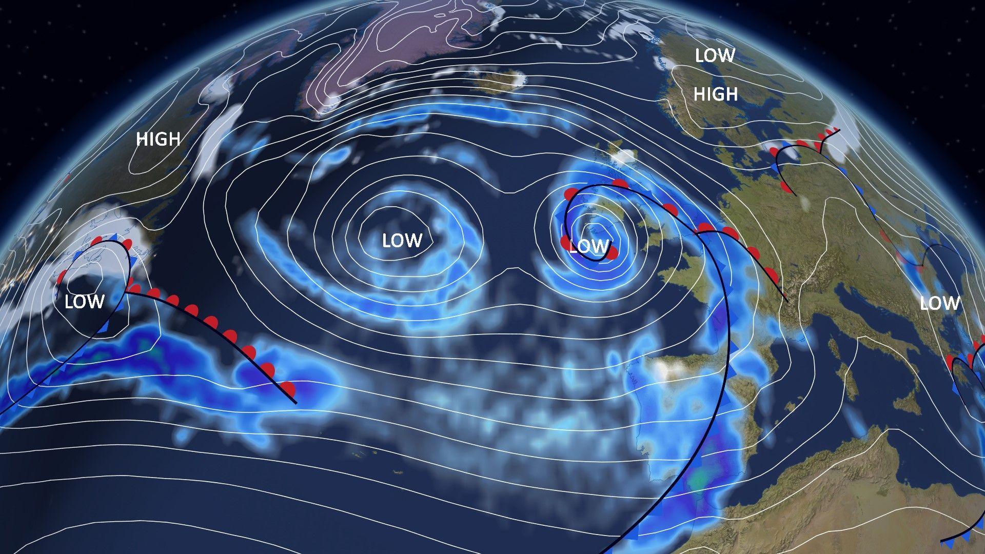 Pressure chart for Tuesday showing the bulls eye low pressure which has been named storm Chandra