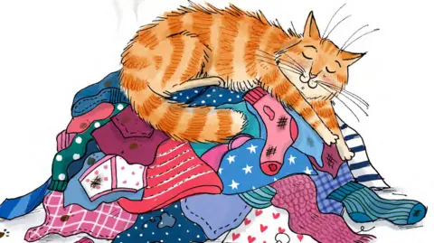 Ellie Snowdon An illustration of a ginger cat falls asleep on a pile of dirty washing