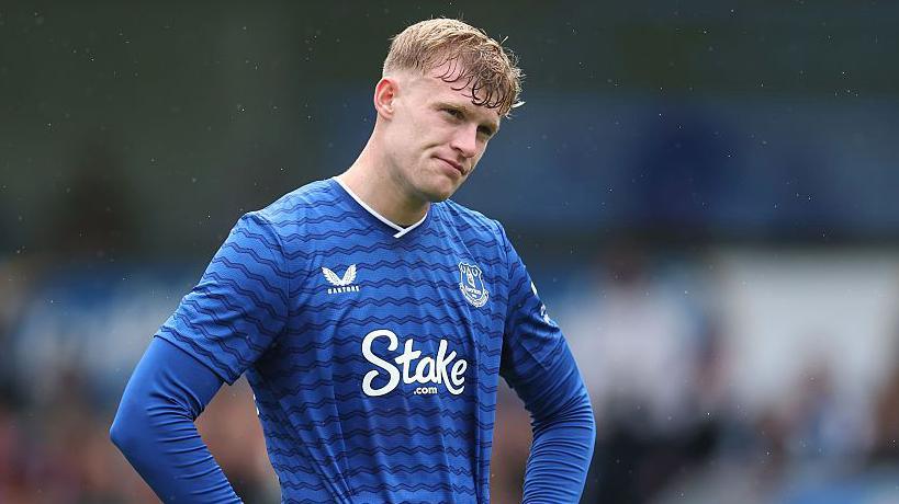 Everton defender Jarrad Branthwaite looks on during the pre-season friendly against Blackburn Rovers in July 2025