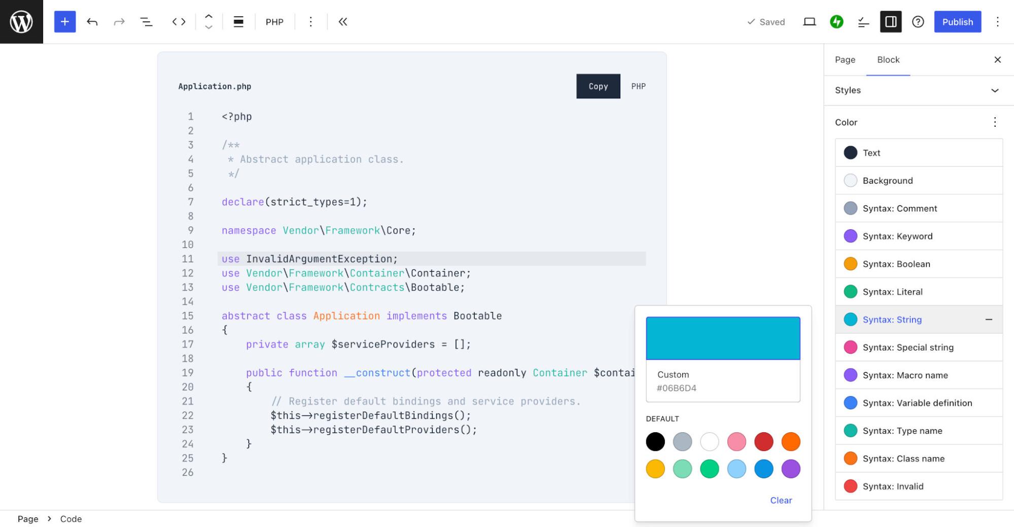 Selecting custom colors for the Code Block syntax formatting.