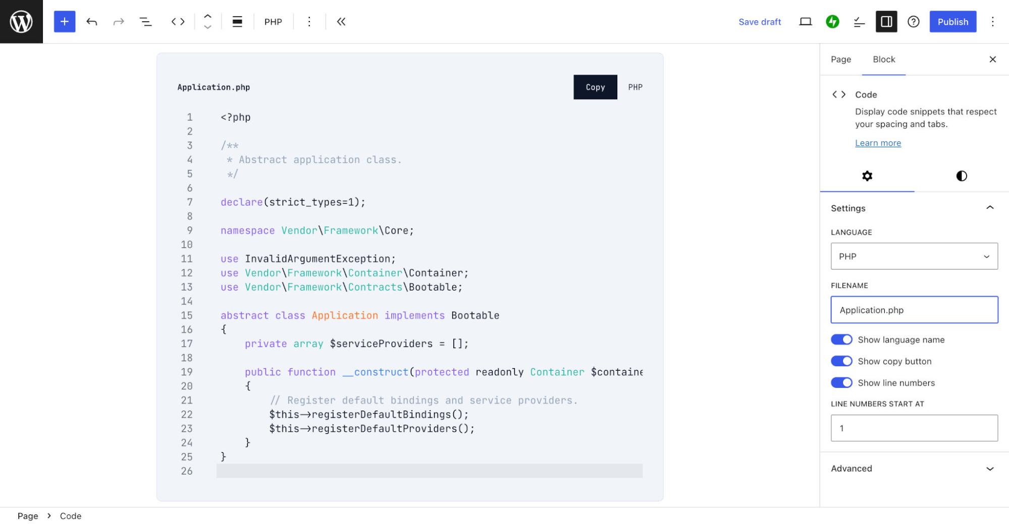 Example of the Code Block using custom colors.