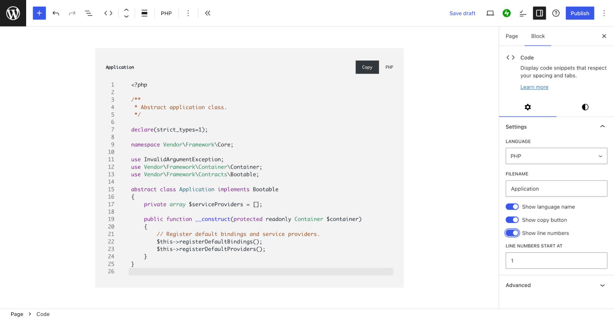 Example of the Code block displaying code using the additional language settings.