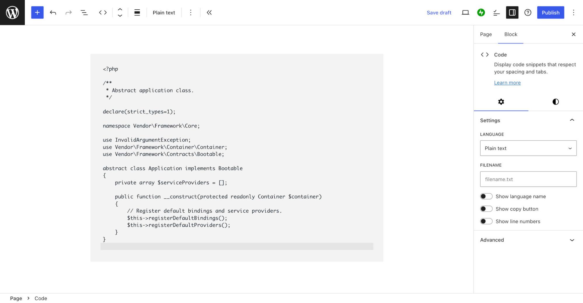 Example of code displayed in a blog post using plain text formatting.