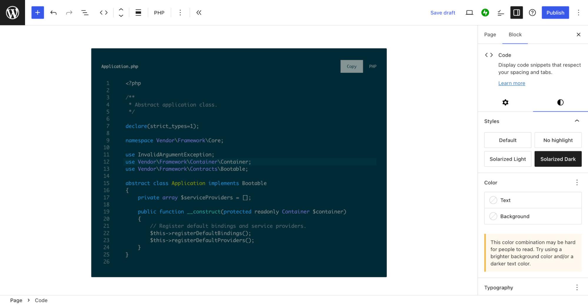 Example of the Code block displaying code using the new Solarized Dark preset.