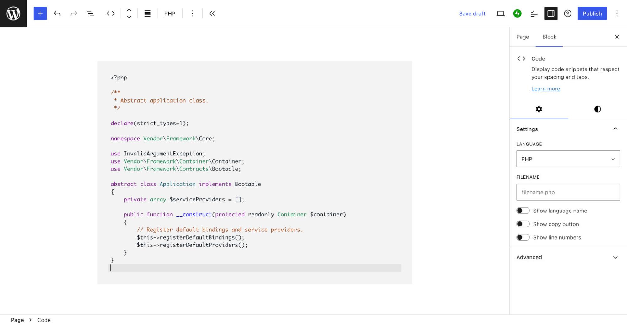 Example of the Code block displaying code using a language preset.
