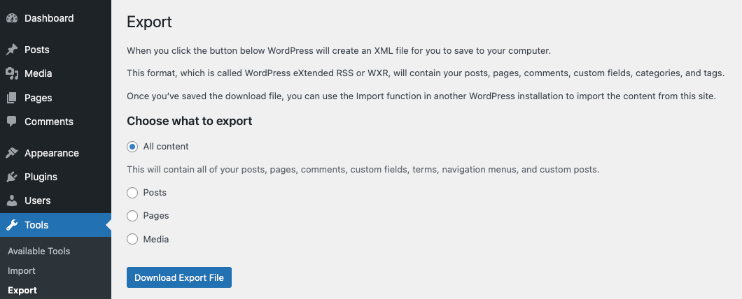 WordPress Export screen.