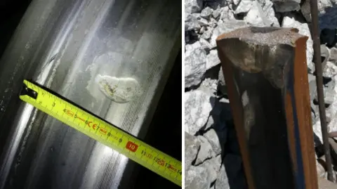CIAF Spain Two images show a groove on a train wheel on the left and on the right the possible point of collision where the track was broken