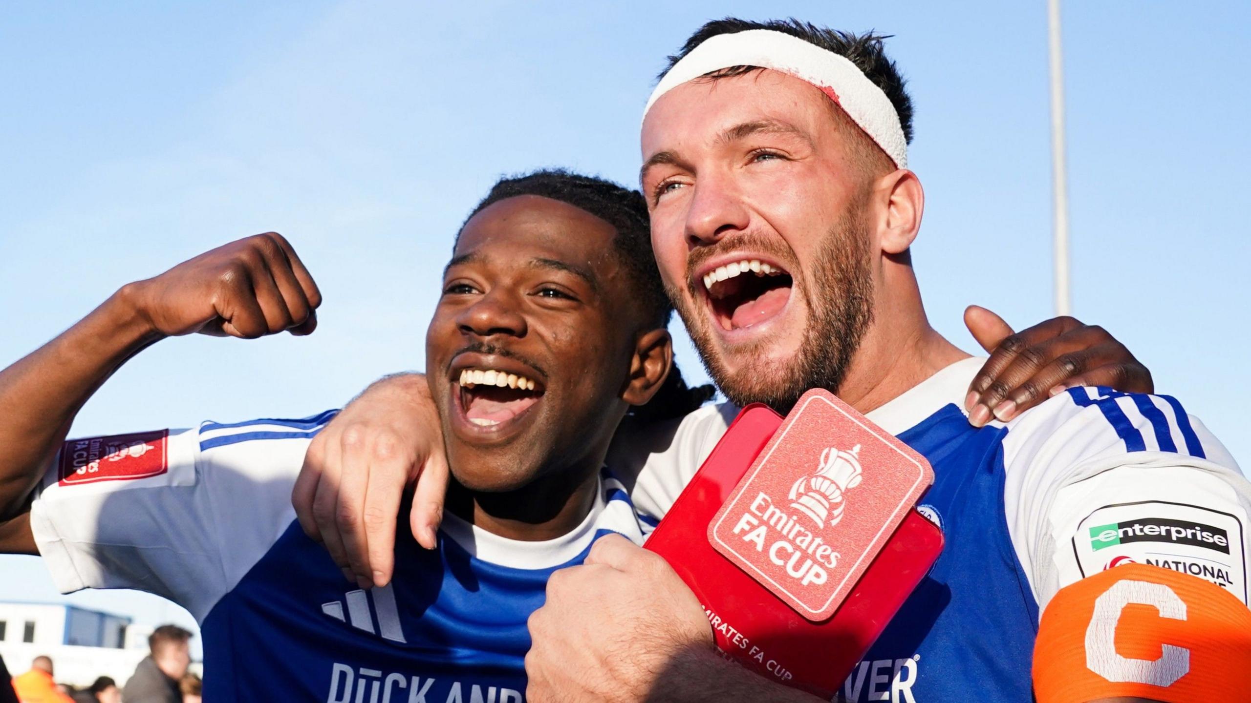 Macclesfield goalscorers Paul Dawson and Isaac Buckley-Ricketts celebrate