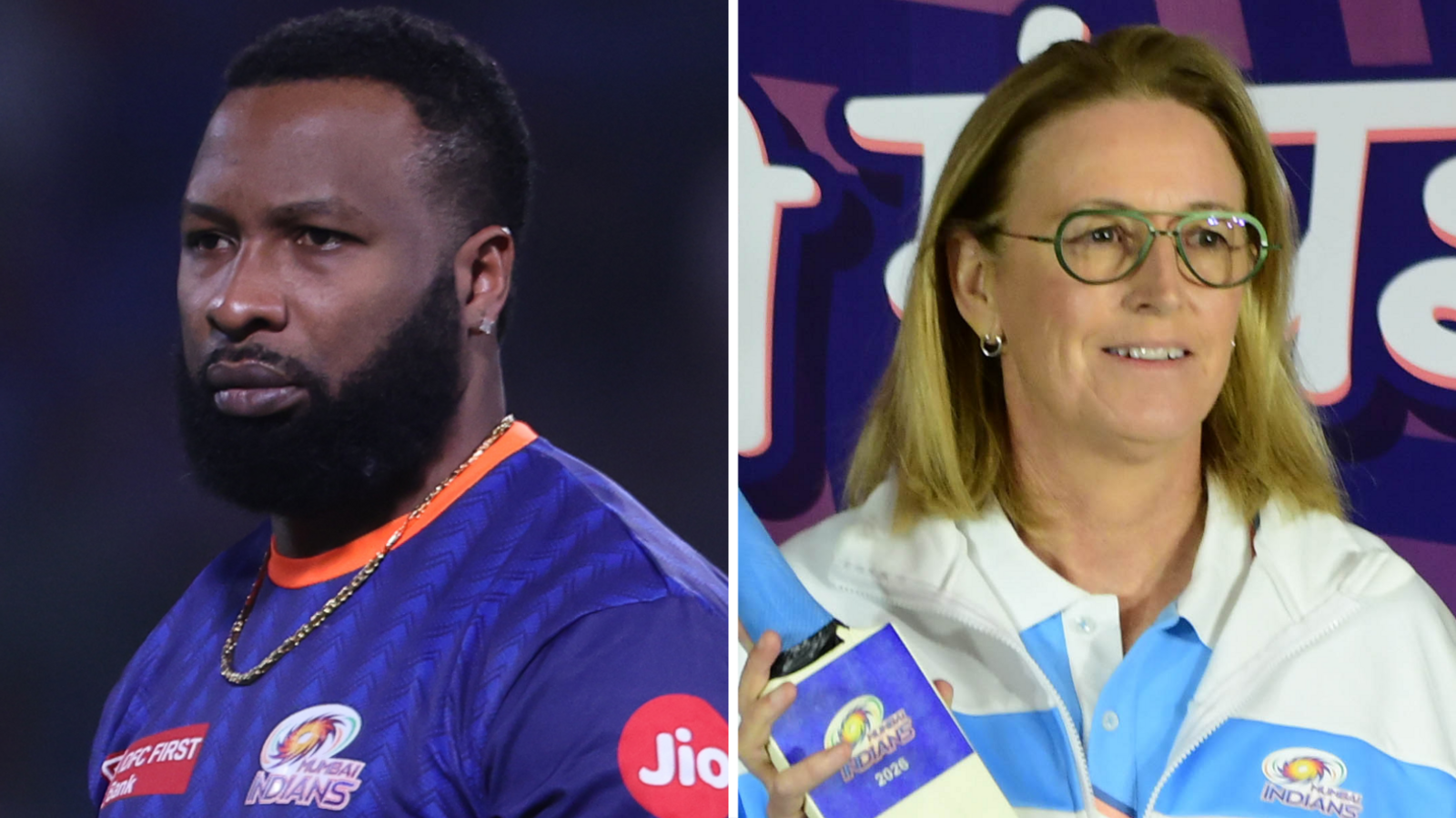 Kieron Pollard and Lisa Keightley wearing Mumbai Indians clothing