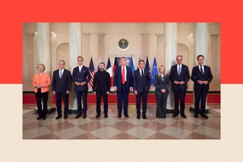 Anadolu via Getty Images (L - R) Ursula von der Leyen, president of the European Commission, UK Prime Minister Keir Starmer, Finland's President Alexander Stubb, Ukraine's President Volodymyr Zelenskiy, US President Donald Trump, France's President Emmanuel Macron, Italy's Prime Minister Giorgia Meloni, Germany's Chancellor Friedrich Merz, and Nato Secretary General Mark Rutte