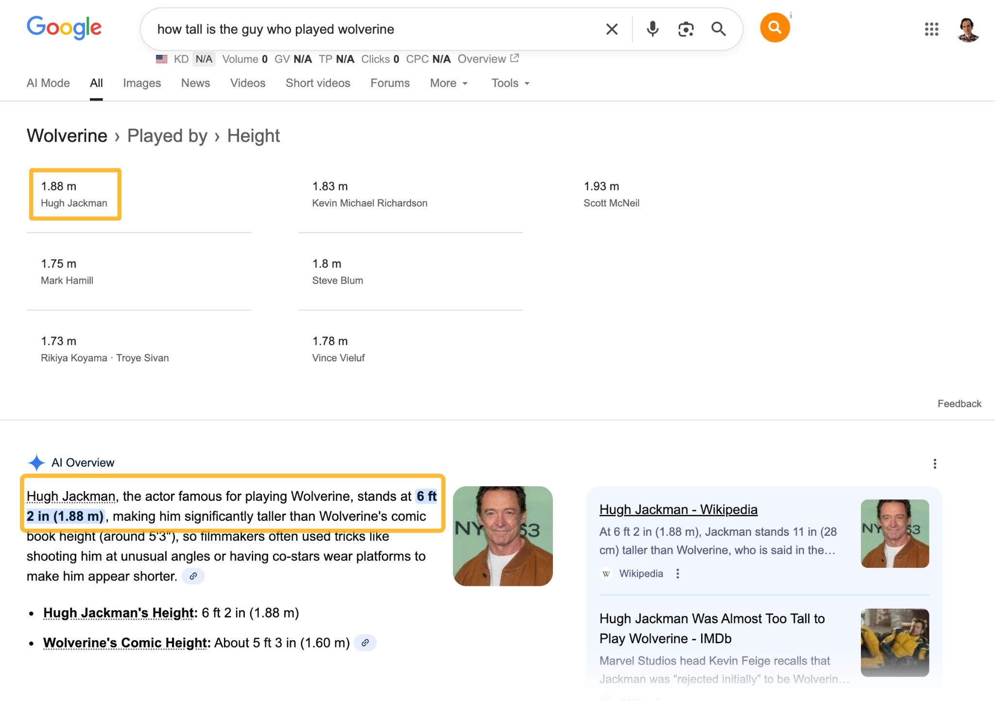 Google search results showing Hugh Jackman is 1.88m tall, with comparison heights of other Wolverine actors listed below.