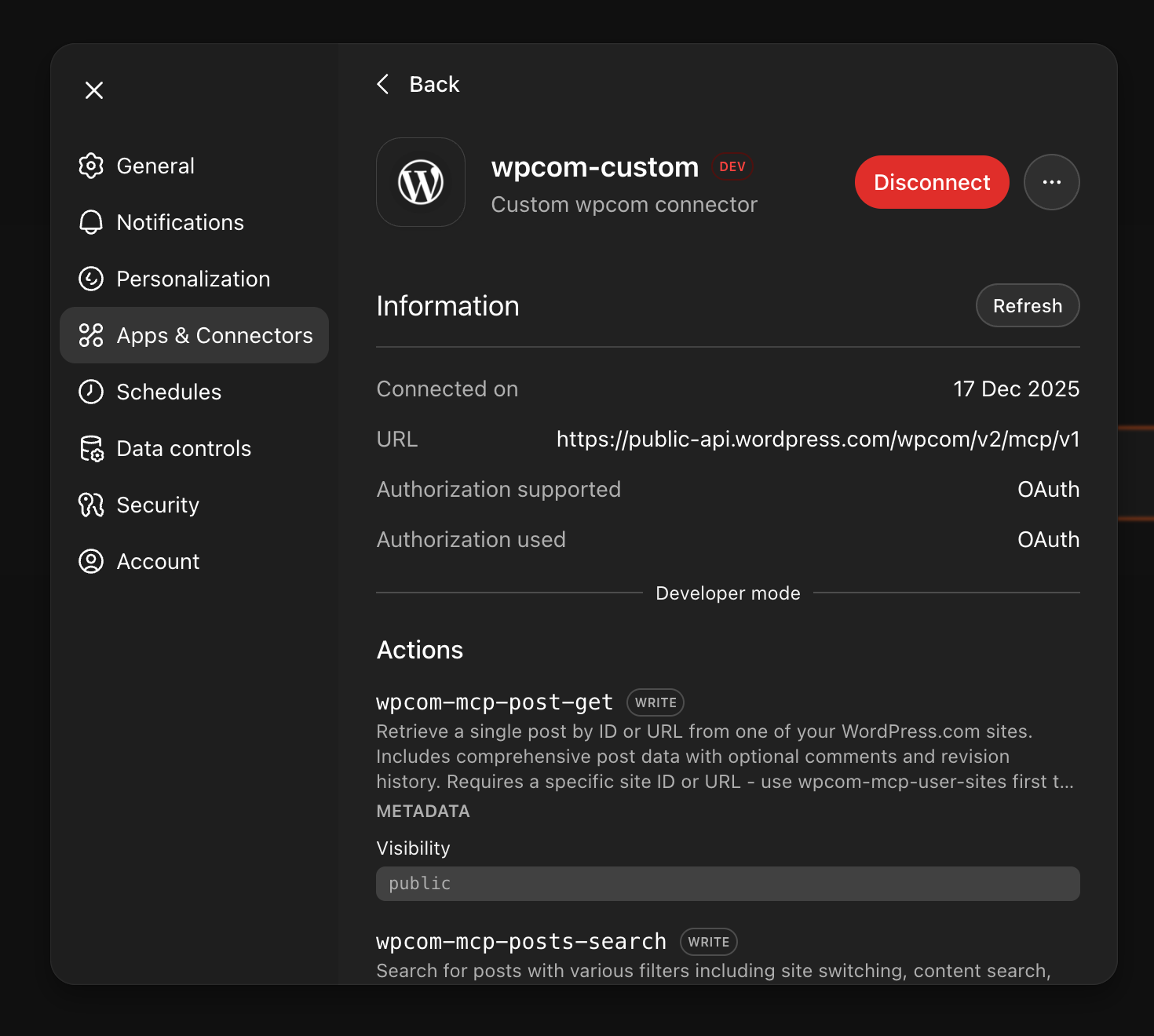 Apps & Connectors settings page.