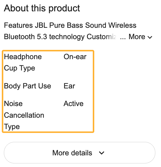 Product attributes shown in Google's product cards as an example of structured data connected to product entities.