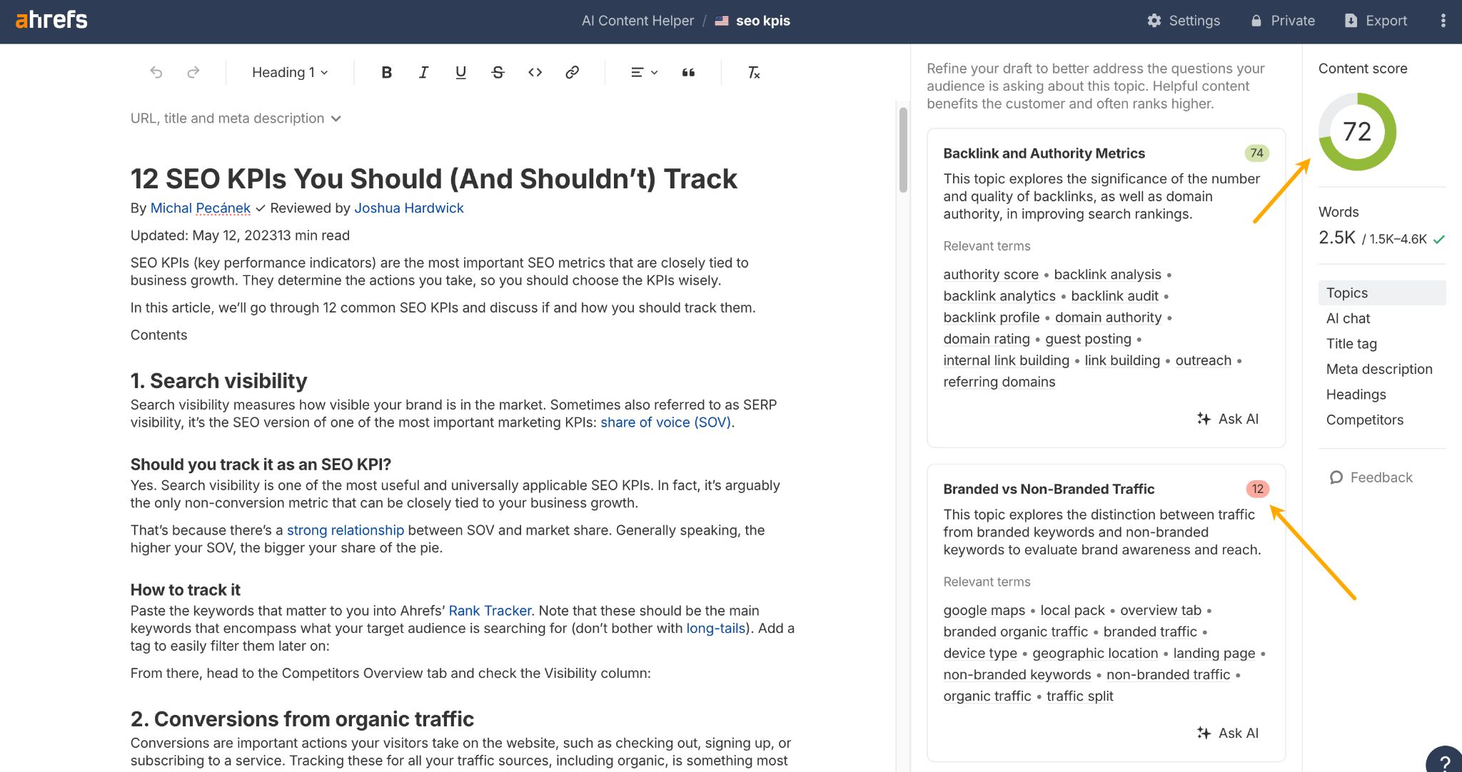 Screenshot of Ahrefs AI Content Helper showing an SEO article editor with content score of 72 and topic suggestions panel on right side.