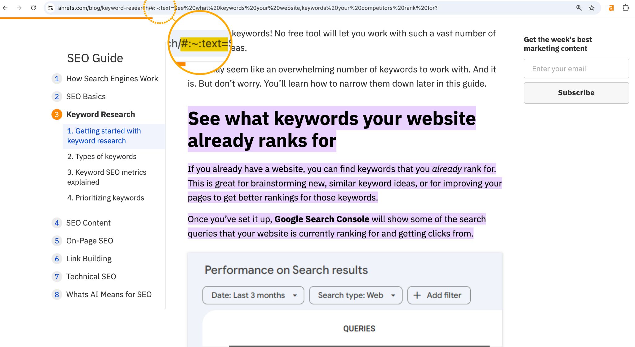 Screenshot of Ahrefs blog, with a paragraph titled "See what keywords your website already ranks for" highlighted in purple. A yellow circle is highlighting the URL fragment #:~:text=