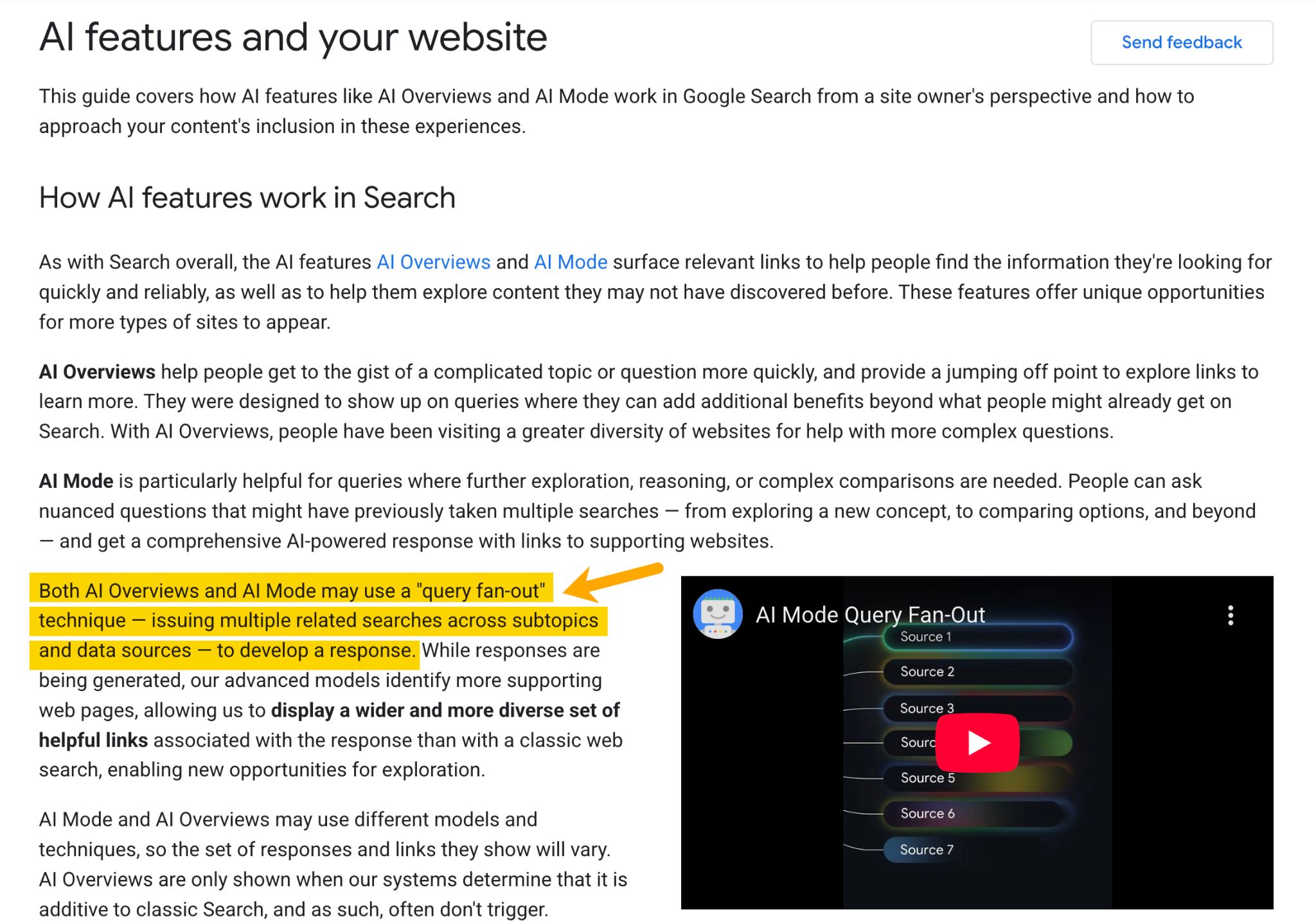 Google official documentation screenshot with copy highlighted reading "Both AI Overviews and AI Mode may use a 'query fan-out' technique&mdash;issuing multiple related searches across subtopics and data sources&mdash;to develop a response."