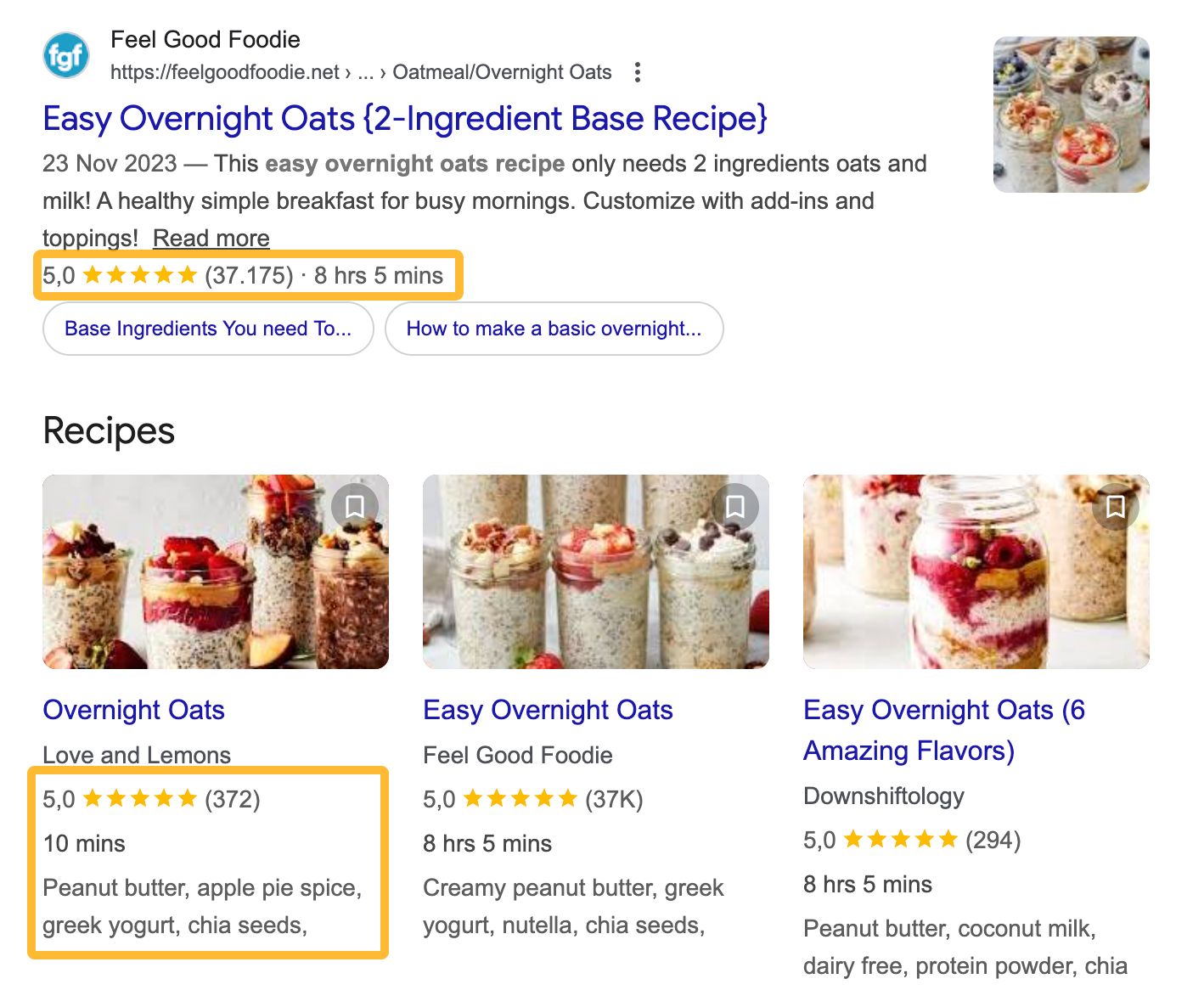 Search results showing overnight oats recipes with ratings, prep times, and images of layered oats in mason jars with toppings