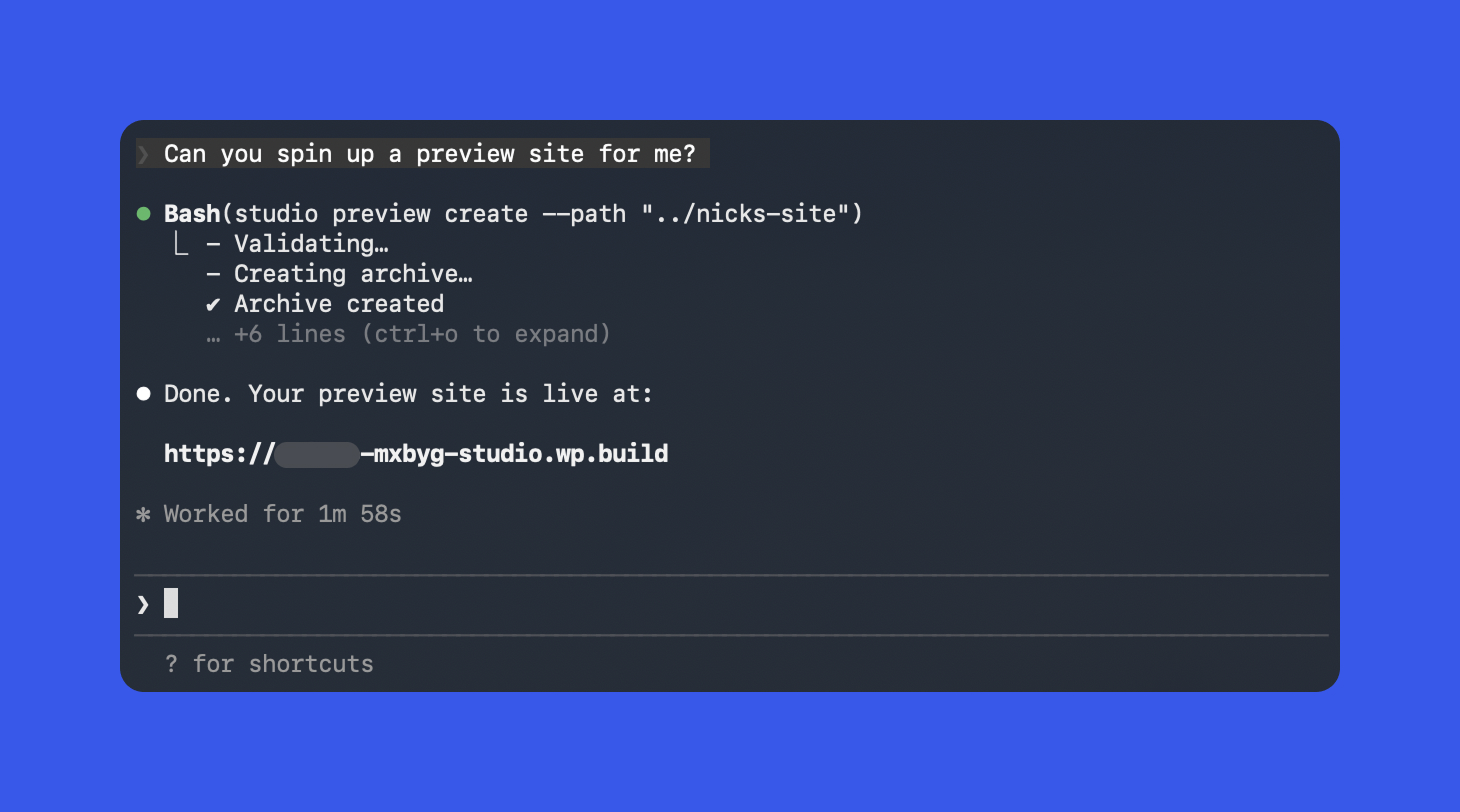 Screenshot of WordPress Studio CLI create preview site command.