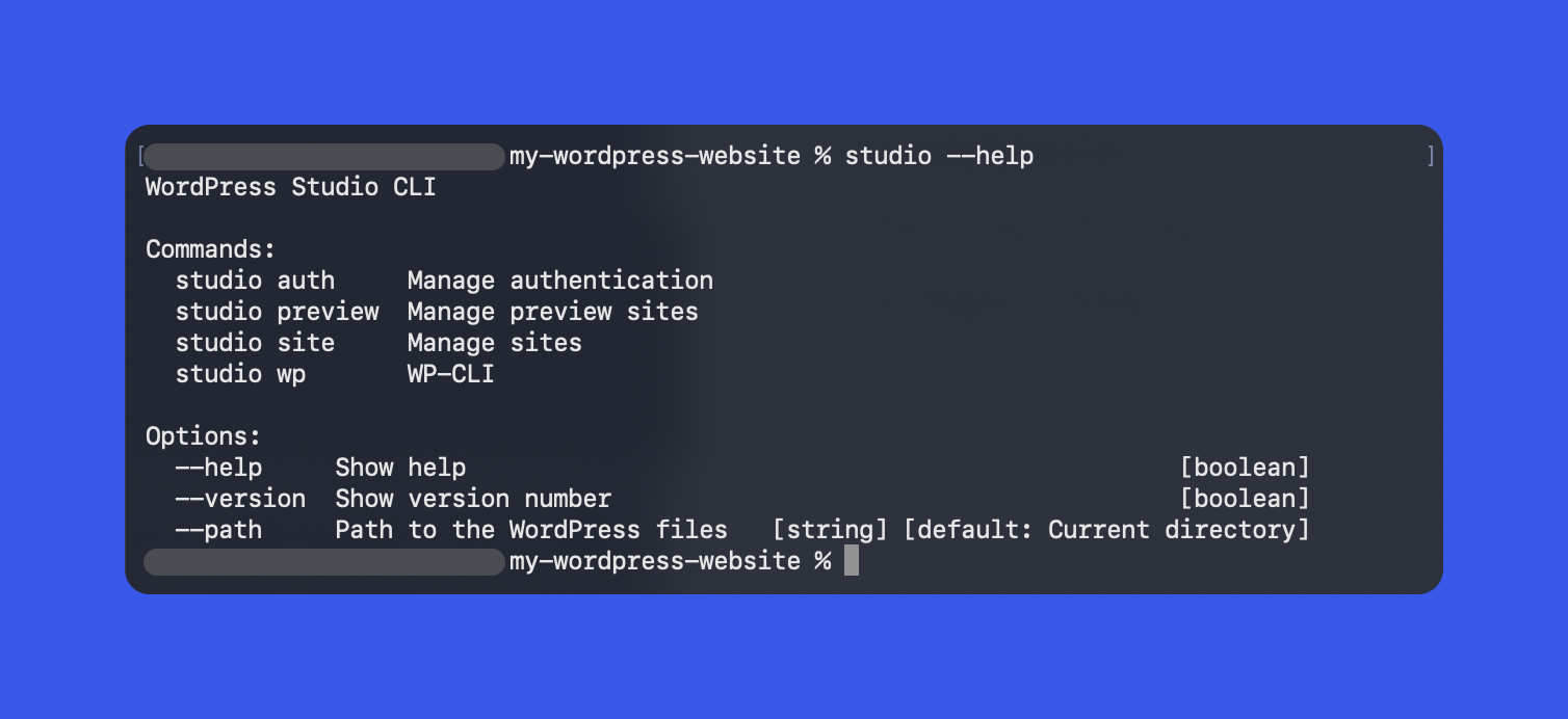 Screenshot of WordPress Studio CLI