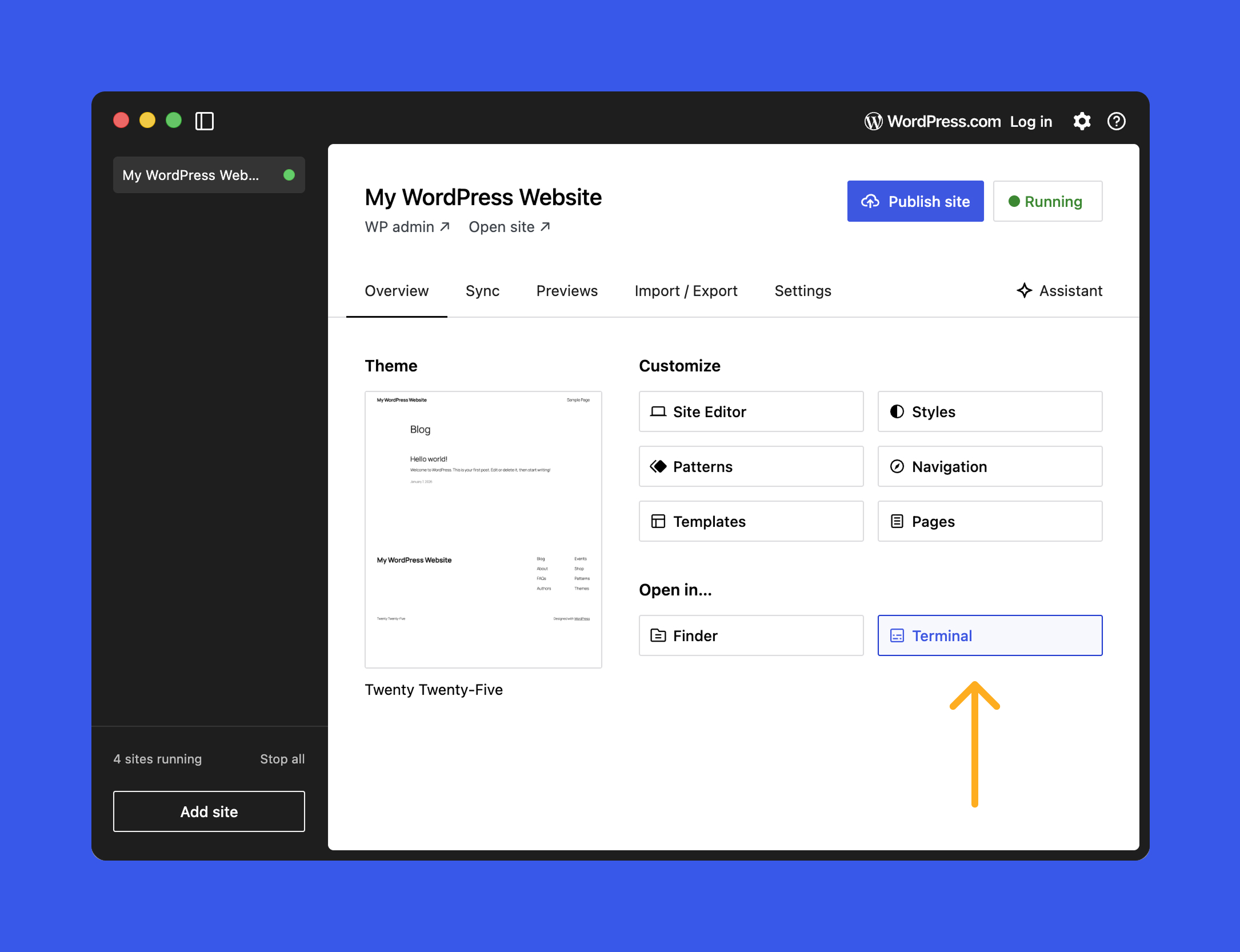Screenshot of WordPress Studio Overview screen.