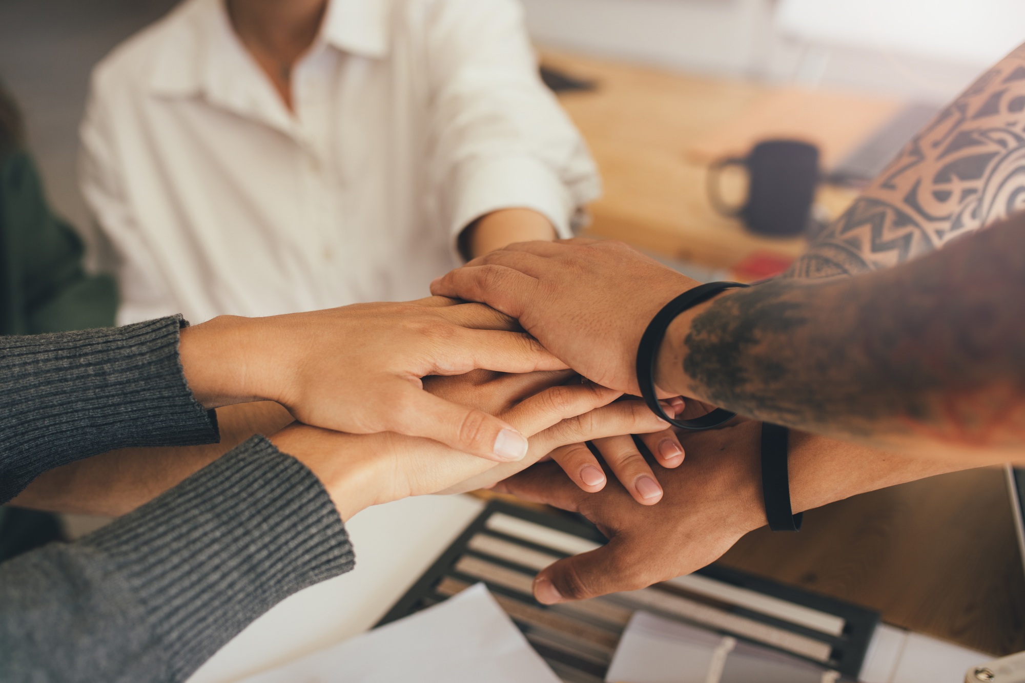 Team building, hands and business people