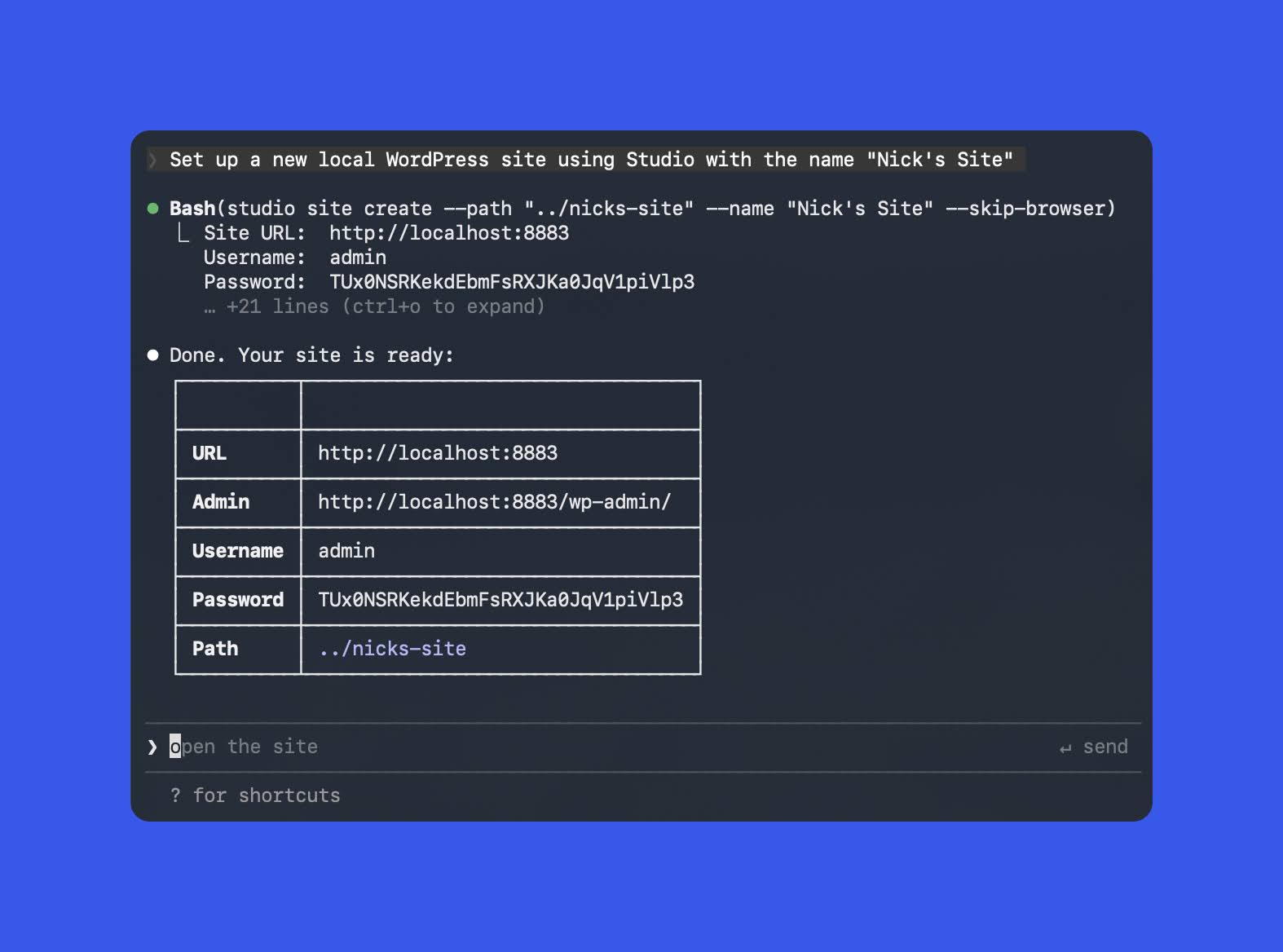 Screenshot of WordPress Studio CLI New Site Creation command.