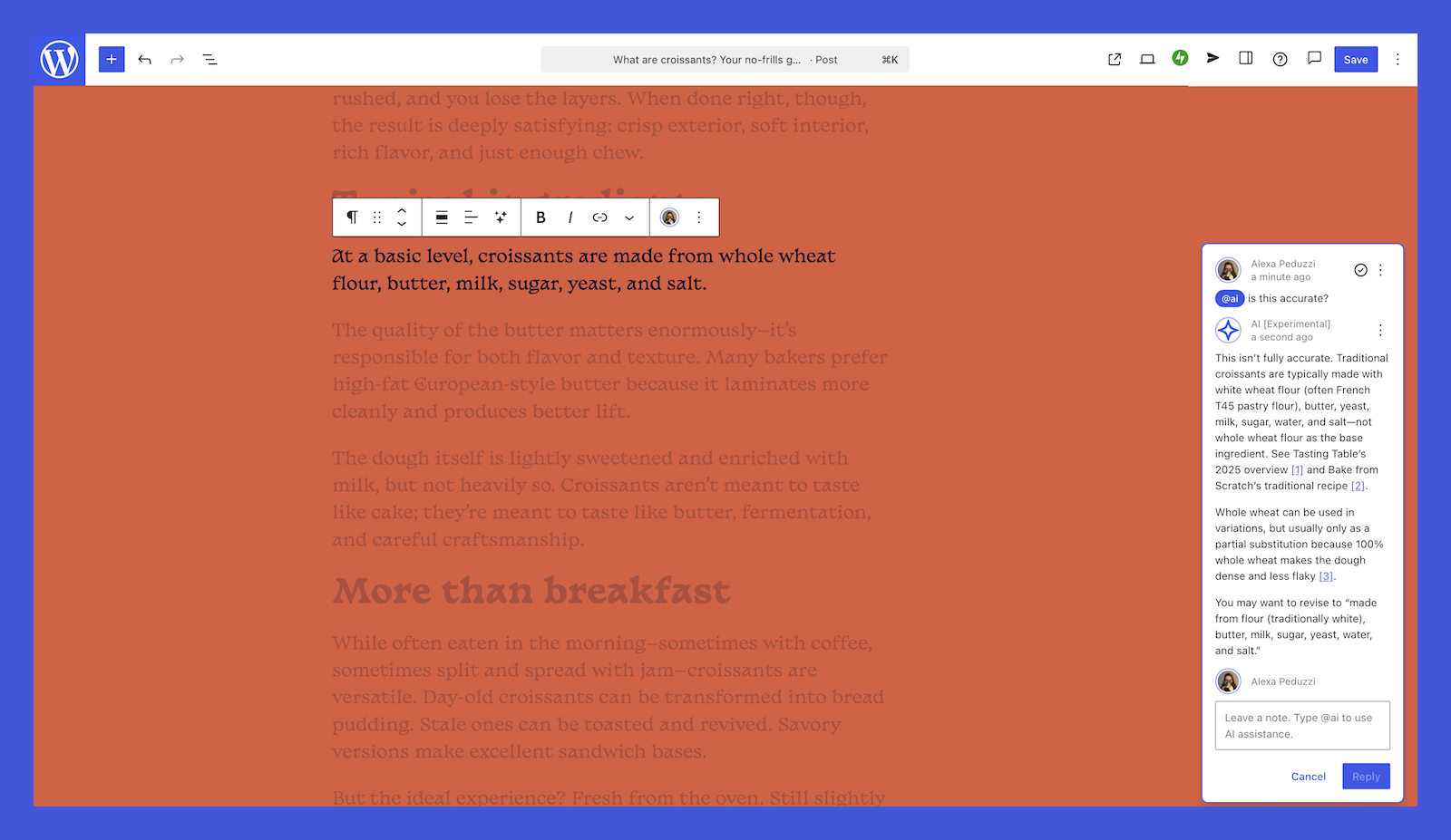 AI block notes in the WordPress.com post editor, showing someone asking for an accuracy check in a block about croissant ingredients
