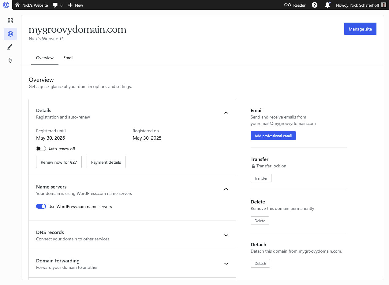 Screenshot of the WordPress.com website overview.