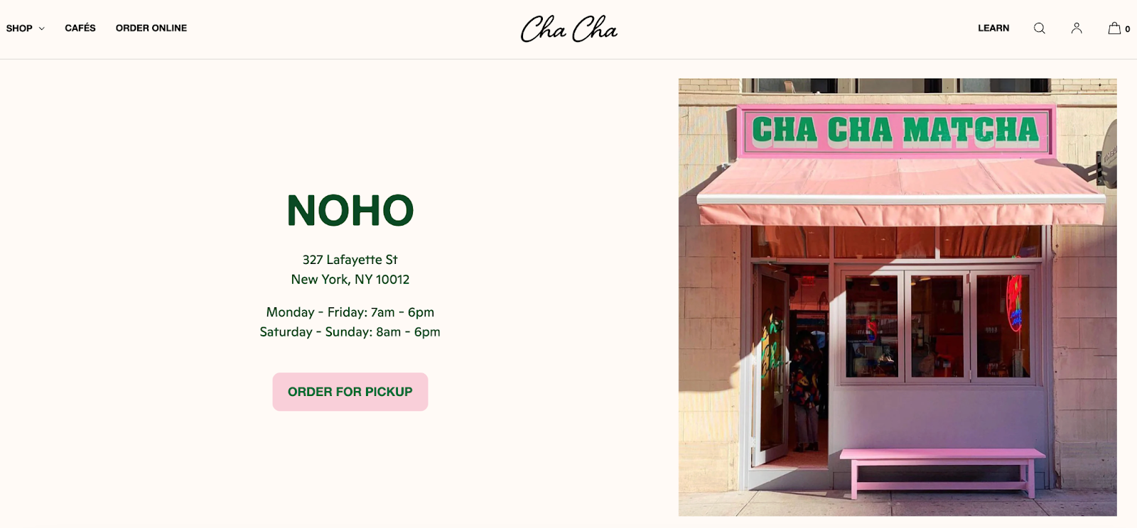 Screenshot of the Cha Cha cafe website location info.