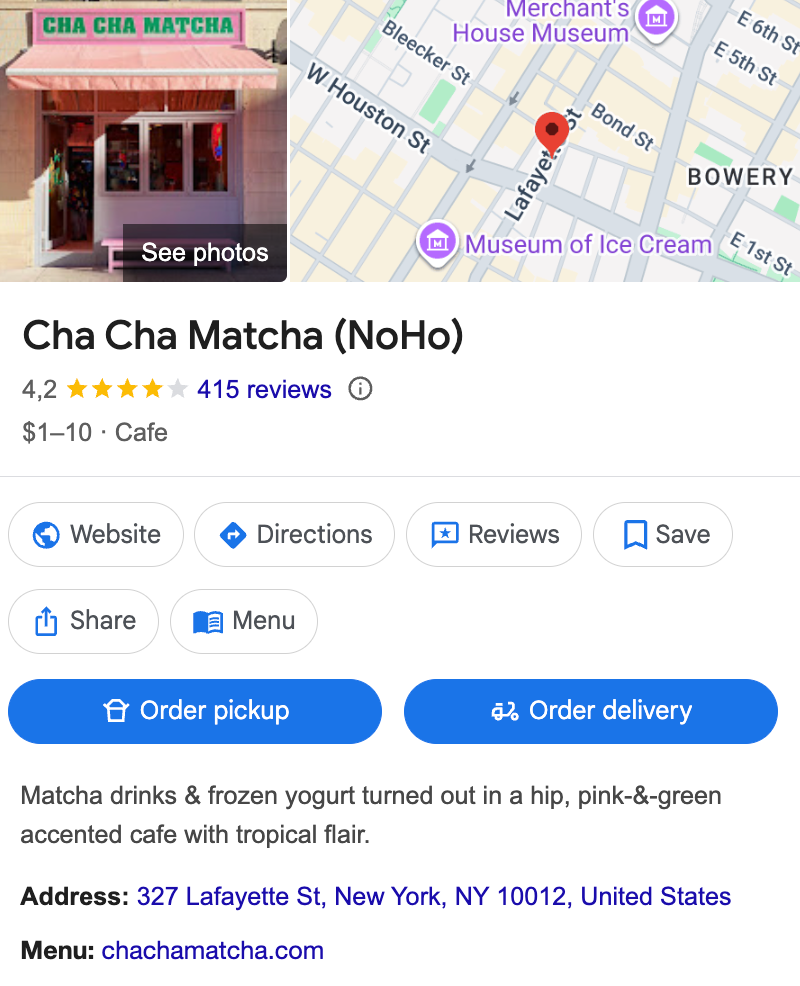 Screenshot of the Cha Cha Matcha Google Business Profile.