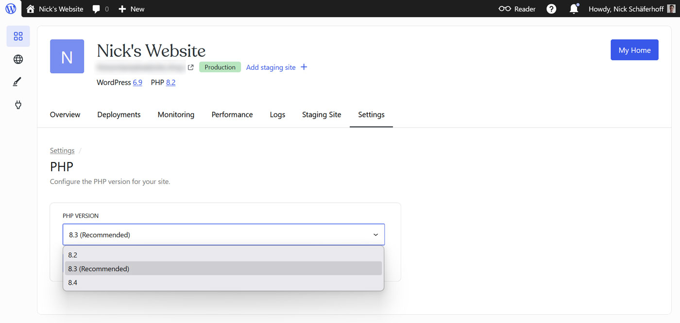 Screenshot of the WordPress PHP version selector.