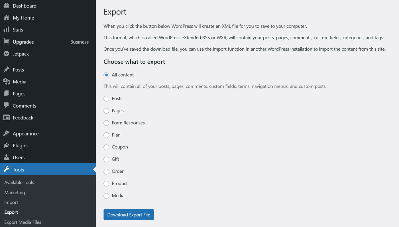 Screenshot of the WordPress Export tool.