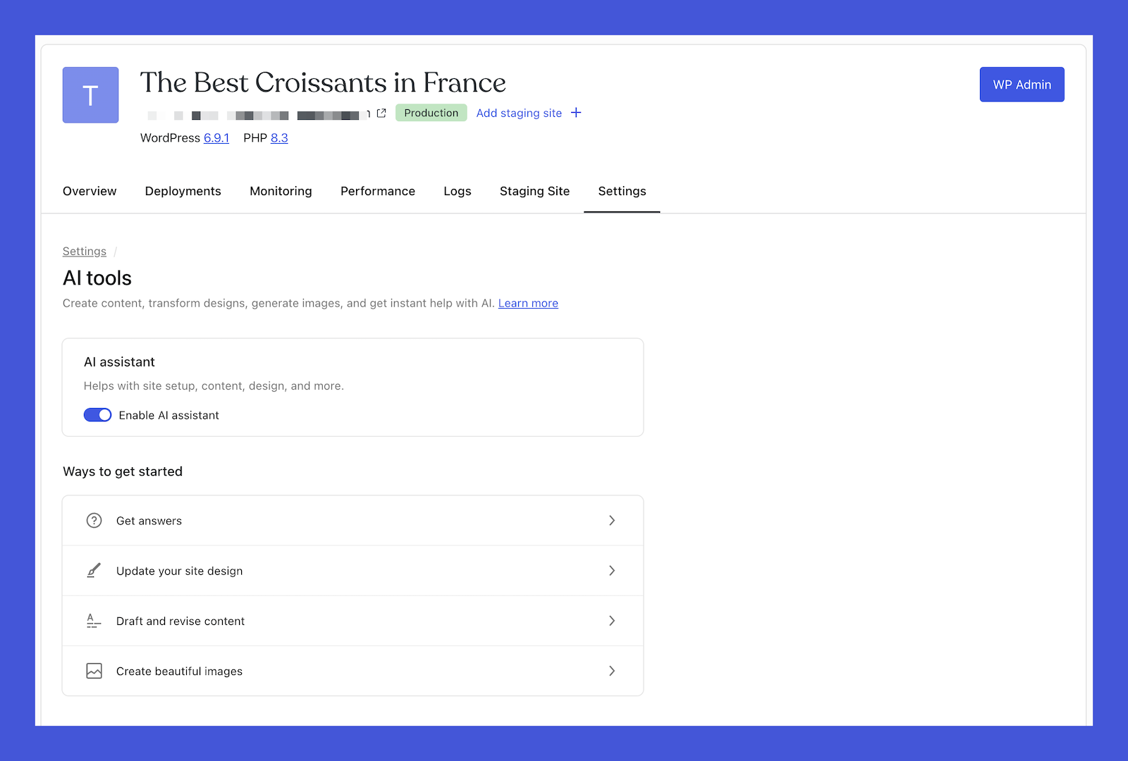 The screen for enabling the AI assistant for a site on WordPress.com called The Best Croissants in France