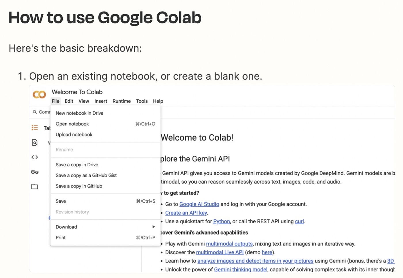 Screenshot of instructions on how to use Google Colab.
