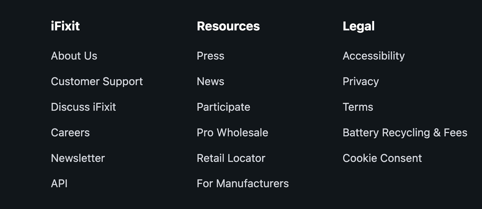 Screenshot of the iFixit website footer area.