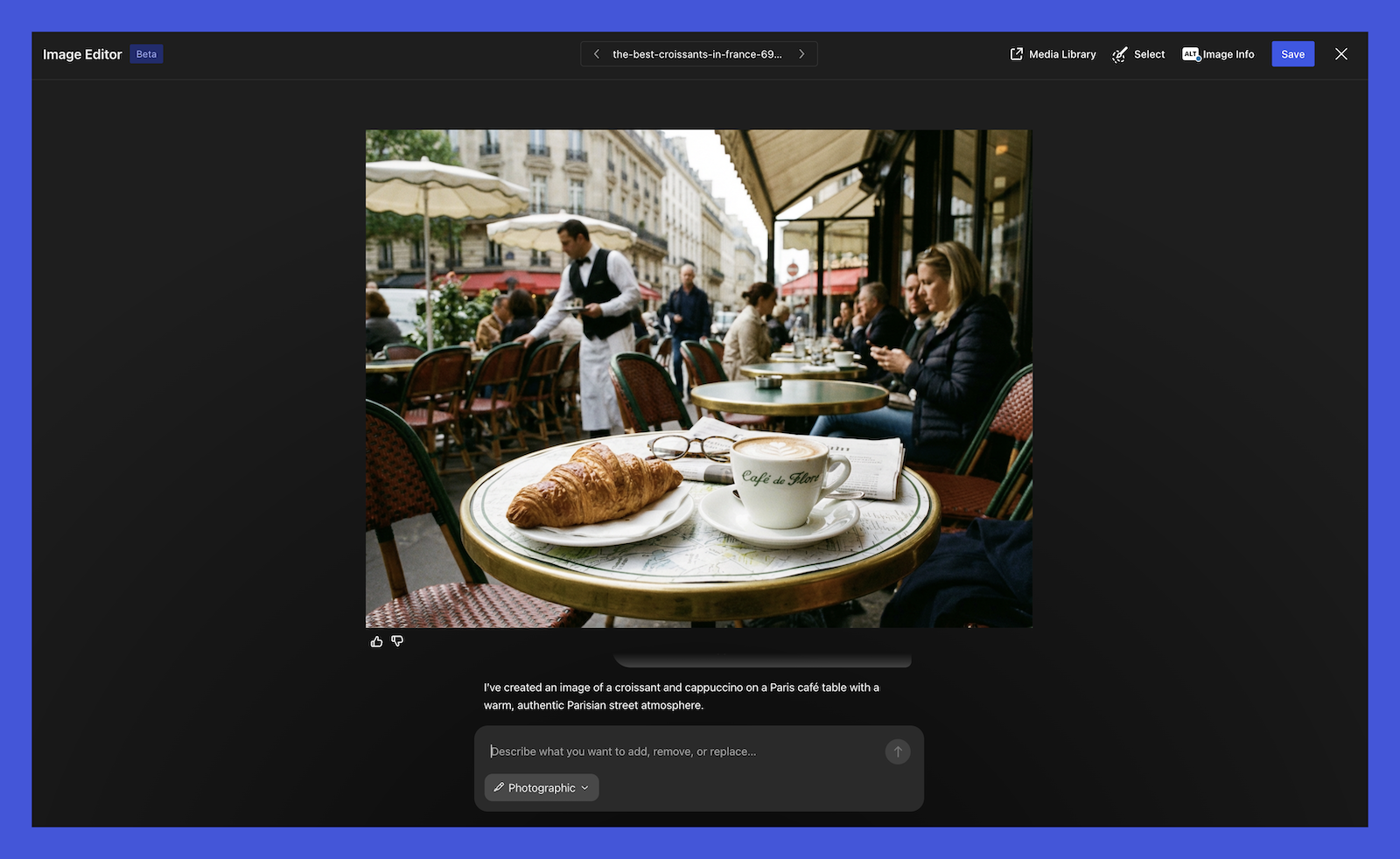 An AI-generated image of a Parisian street cafe in WordPress.com's image generation and editing tool