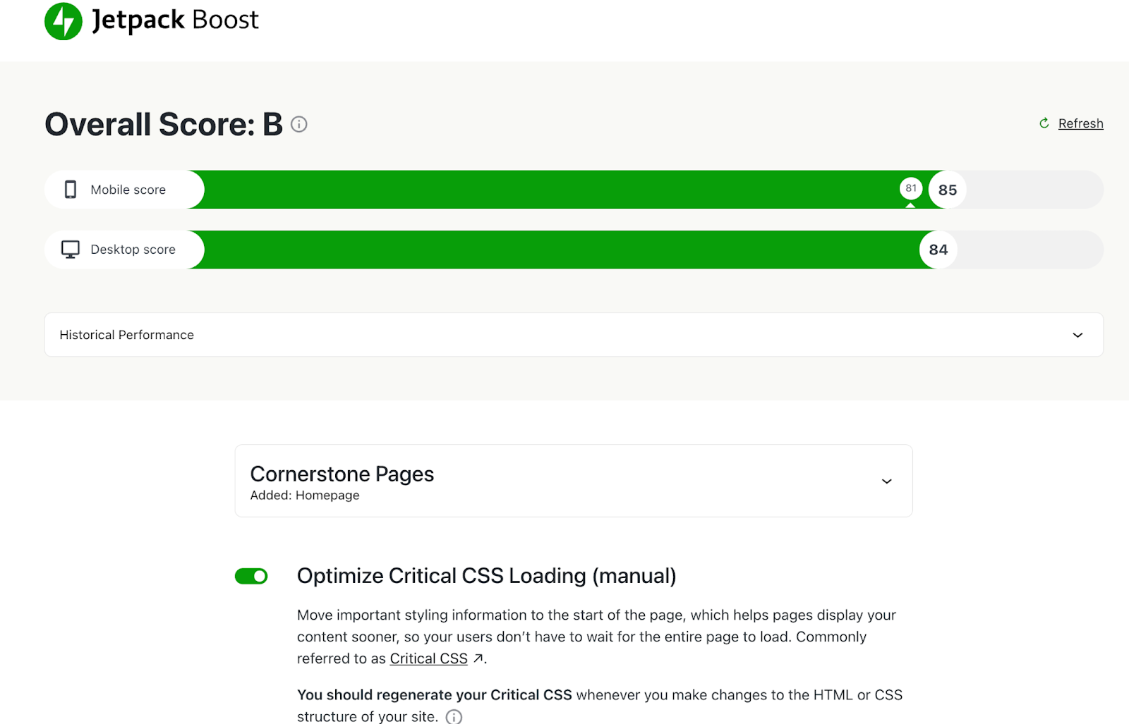 Screenshot of the Jetpack Boost plugin.