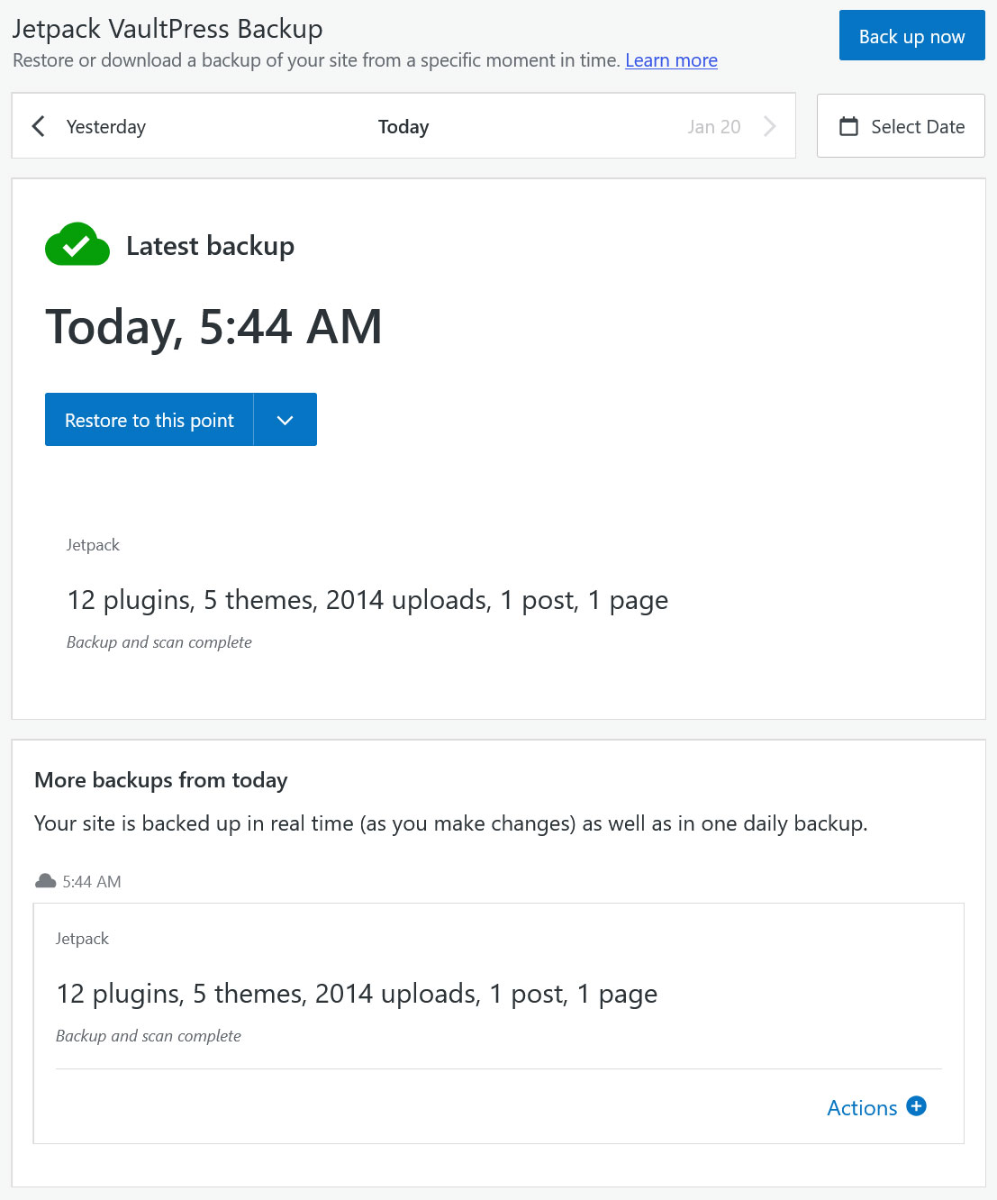 Screenshot of the Jetpack VaultPress Backup tool.