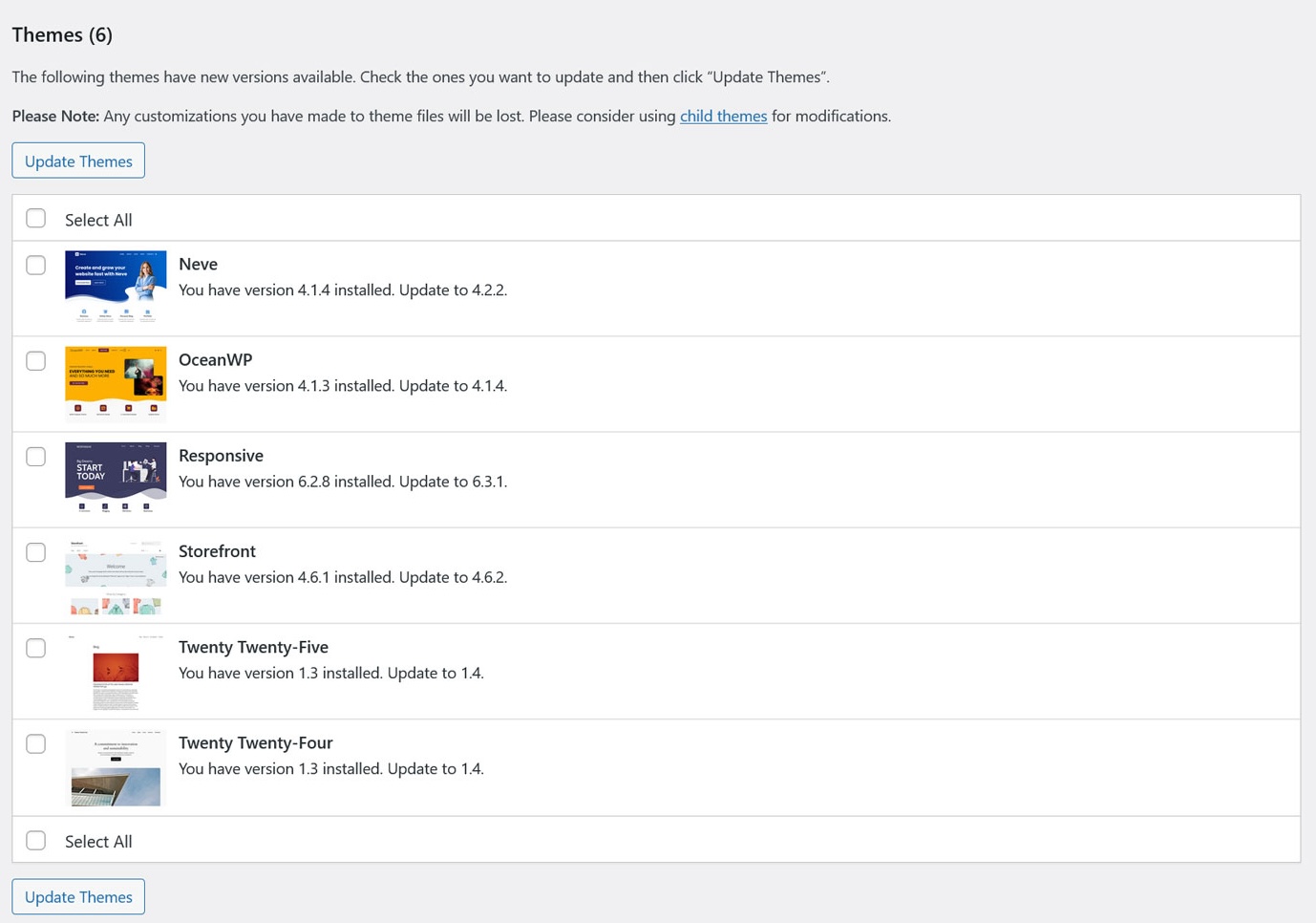Screenshot of the available Theme updates for a WordPress website.