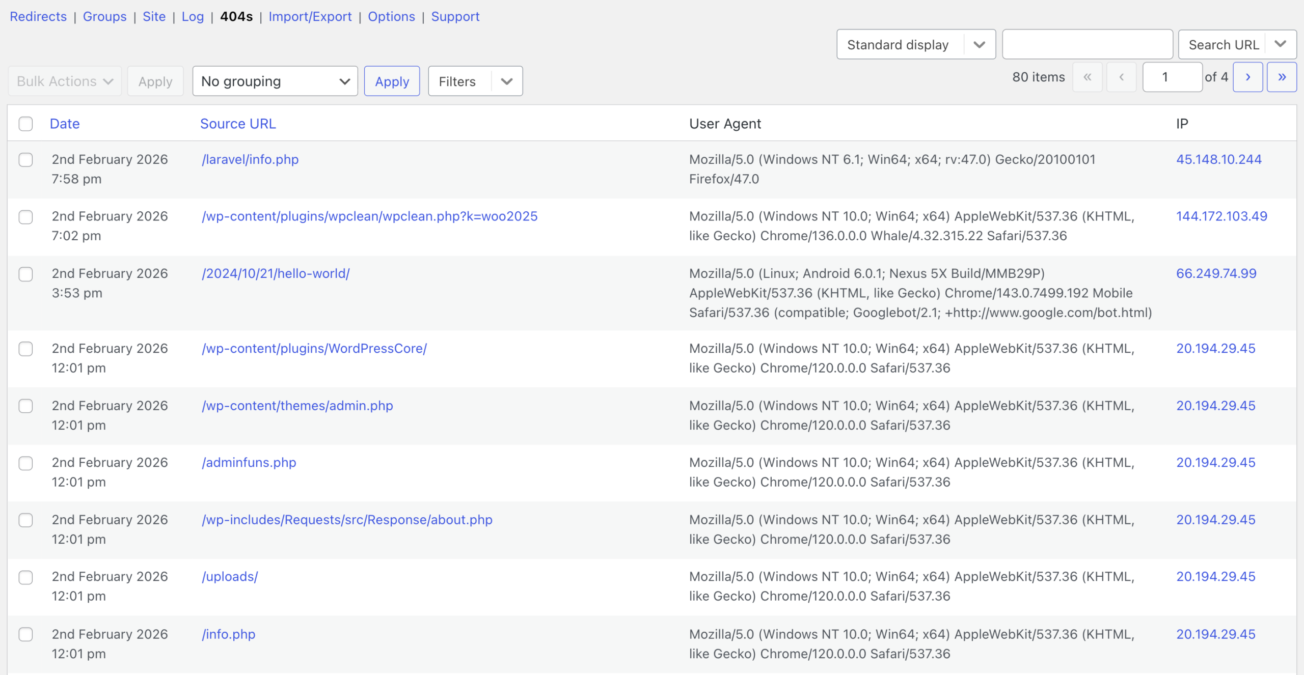 Screenshot of the Redirection plugin.