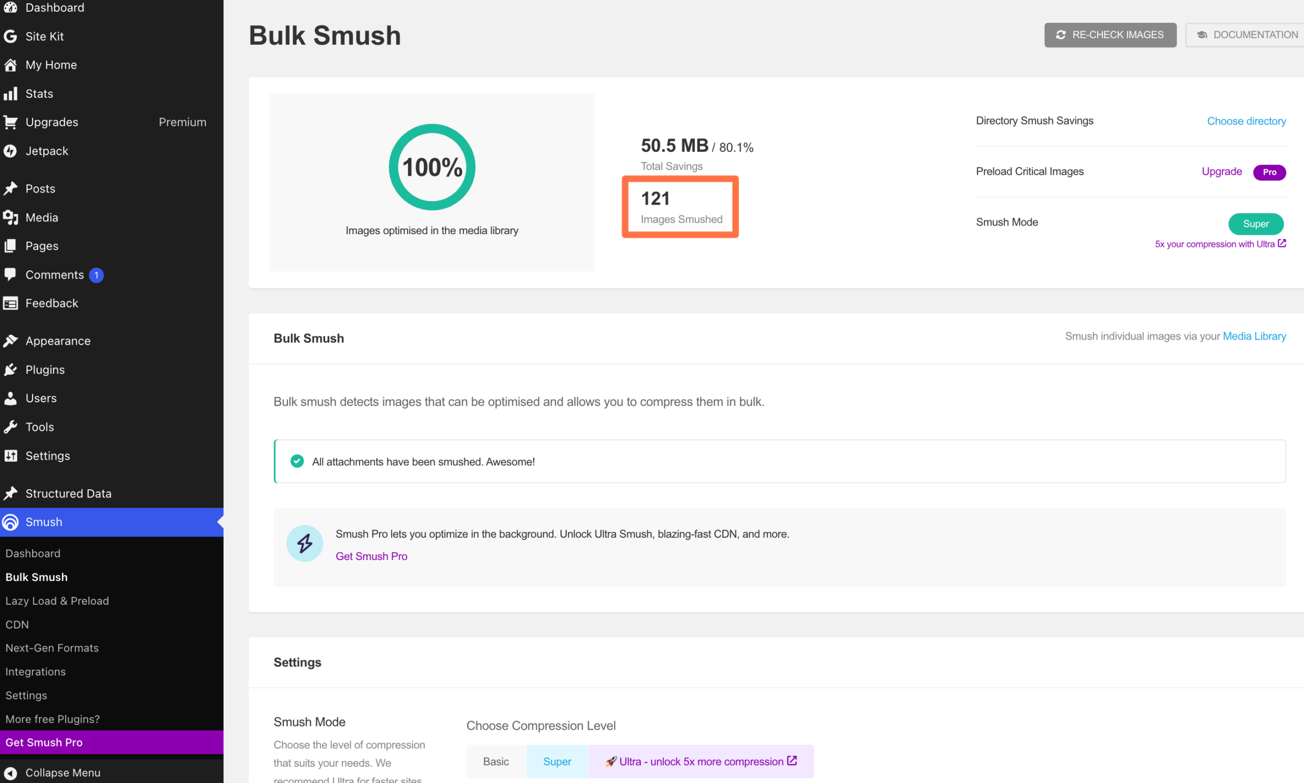 Screenshot of the Smush plugin.